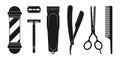 Barber and hairdresser icon set. Barbershop tools. Hair cut instruments with straight razor, comb, scissors and barber pole. Royalty Free Stock Photo